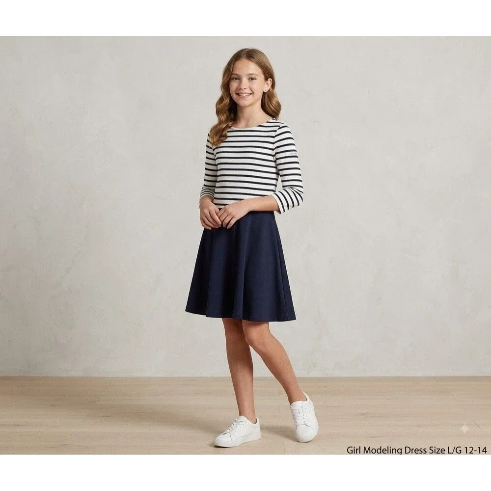 NWOT Polo Ralph Lauren Girls Striped Drop Waist Dress Size L (12-14) Navy Blue